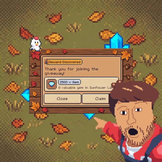 A pixel-art style graphic featuring a bearded man pointing to a 'Reward Discovered' dialogue box thanking the user for joining a giveaway and offering '2500 x Gem'.