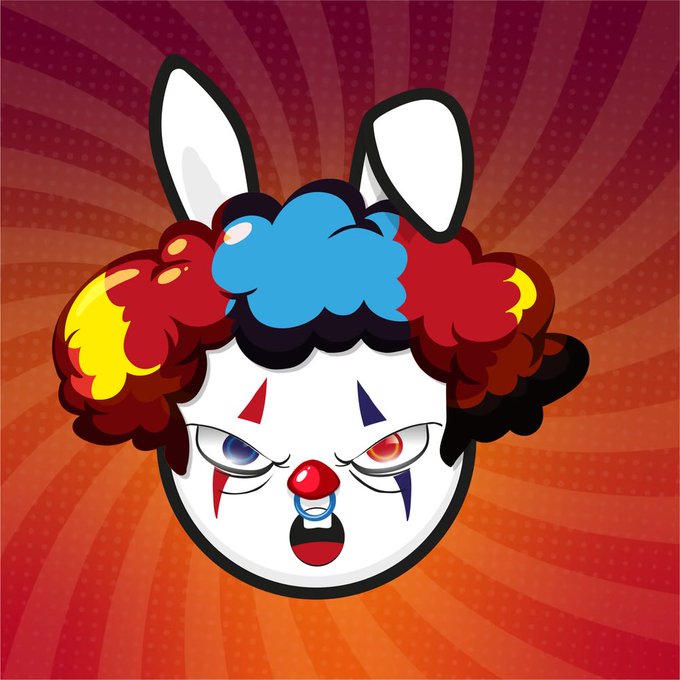 A cartoon illustration of a creepy clown mask with white bunny ears, a red nose, a colorful afro wig, and clown makeup featuring red and blue triangles around the eyes.