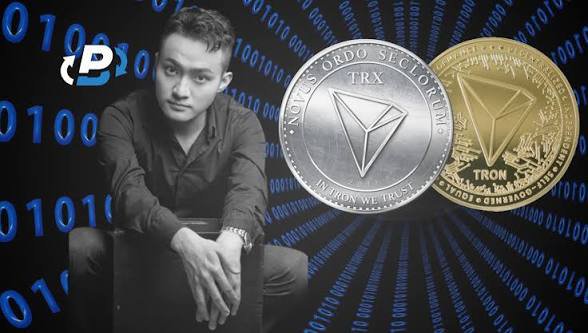 Promotional image featuring a man in black shirt alongside TRON (TRX) and BitTorrent (BTT) cryptocurrency coins with binary code background.