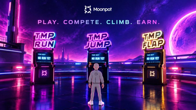 A vibrant purple and pink neon advertisement for Moonpot displays the tagline 'PLAY. COMPETE. CLIMB. EARN.' above three arcade-style machines labeled 'TMP RUN', 'TMP JUMP', and 'TMP FLAP'.