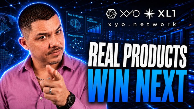 A promotional graphic features a man in a pink shirt pointing forward alongside the XYO network logo and text reading 'REAL PRODUCTS WIN NEXT'.