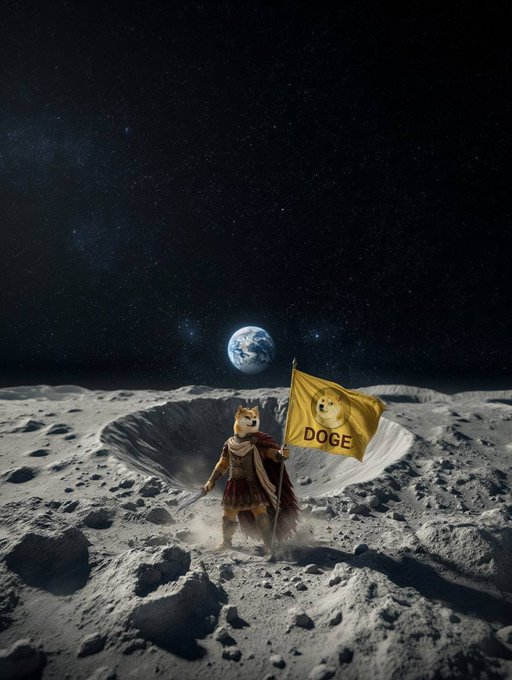 The image features an alien character with a flag that reads "DOGE", standing on the moon's surface, holding a flag. The caption above the image states that "Elon once said he is going to put a literal doge on the literal moon". This suggests that there might be some humor or playful intent behind the scene depicted in the photo.