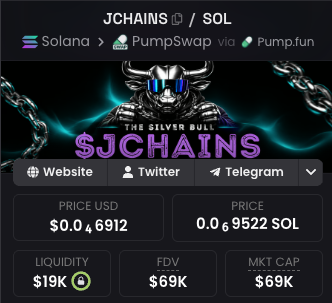 A cryptocurrency tracker screenshot shows token 'JCHAINS' on Solana via PumpSwap and Pump.fun, priced at $0.006912 USD with a market cap and FDV of $69K.