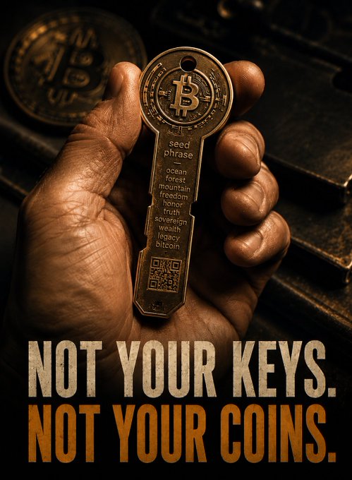 A hand holding a metal key shaped like a Bitcoin coin, engraved with seed phrases ('seed phrase', 'ocean', 'forest', 'mountain', 'freedom', 'honor', 'truth', 'sovereign', 'wealth', 'legacy', 'bitcoin') and a QR code, with the text 'NOT YOUR KEYS. NOT YOUR COINS.' at the bottom.