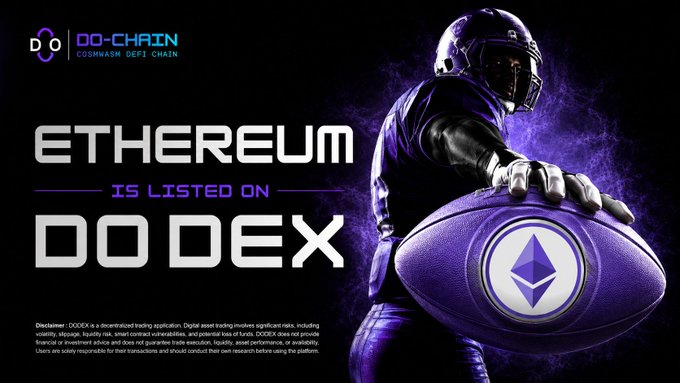 A promotional graphic announcing "ETHEREUM IS LISTED ON DO DEX" features an American football player in purple gear reaching for a ball emblazoned with the Ethereum logo, reinforcing the post's announcement that ETH trading is now live on the DO DEX platform at do-dex.com.