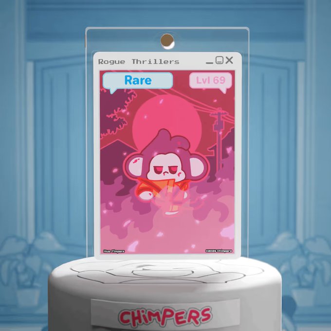 A digital trading card titled 'Rogue Thrillers' showing a red monkey character holding a knife, labeled 'Rare' and 'Lvl 69', displayed on a Chimpers stand.