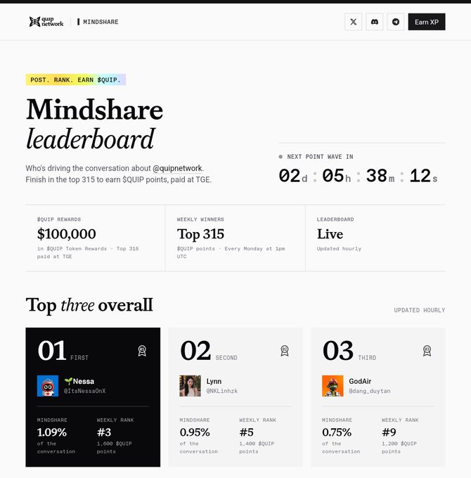 A Quip Network Mindshare Leaderboard webpage showing $100,000 in QUIP rewards for the top 315 finishers, with the top three being @itsNessaOnX (1st, 1.09%), @ALLmhzhk Lynn (2nd, 0.95%), and @dang_duytan GodAir (3rd, 0.75%).
