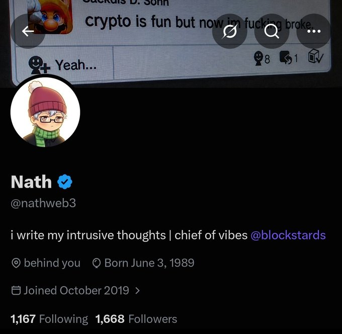 A Twitter/X profile screenshot of user "Nath" (@nathweb3) with bio "i write my intrusive thoughts | chief of vibes @blockstards", showing 1,167 Following and 1,668 Followers.