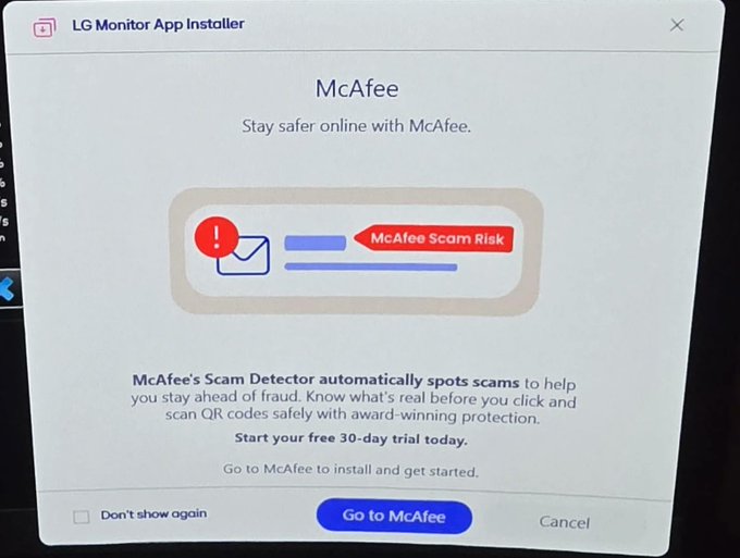 An LG Monitor App Installer popup promoting McAfee, featuring a 'McAfee Scam Risk' warning graphic and offering a 'free 30-day trial' with a 'Go to McAfee' button.
