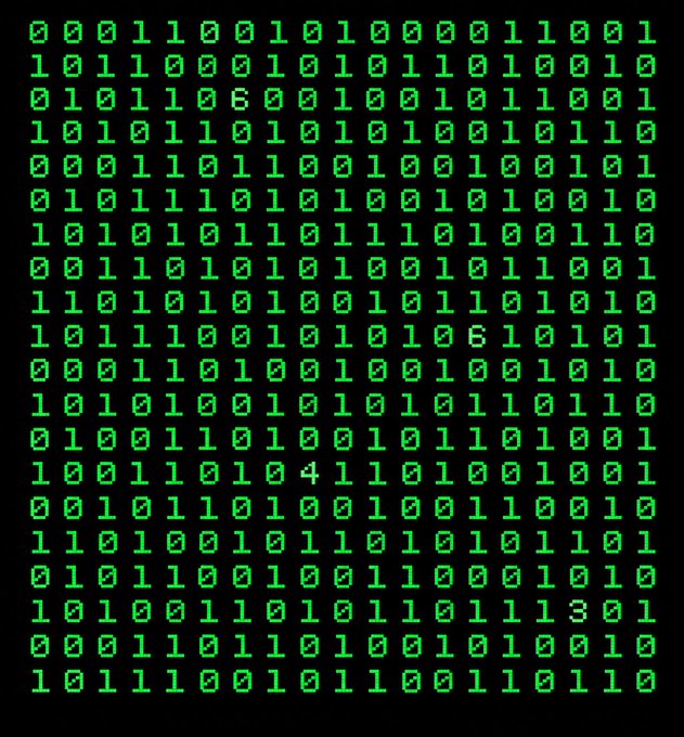 A grid of bright green binary code (0s and 1s) displayed on a black background, with a few digits appearing different (a 6, 4, and 3).