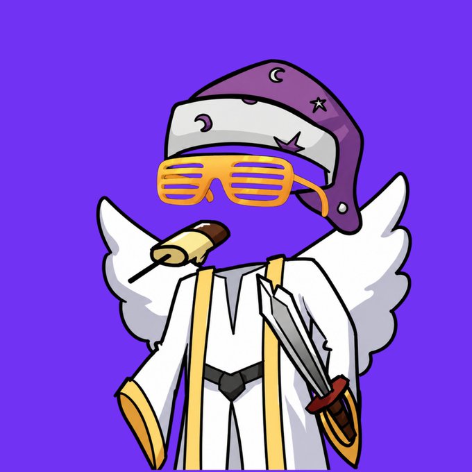 A cartoon angel character wearing a purple star-patterned cap, orange shutter shades, and a white robe, holding a cigar and a sword against a purple background.