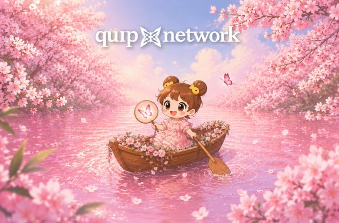The image features a cartoon girl sitting in a boat surrounded by pink flowers, with a butterfly nearby. The scene takes place near a river, which appears to be a popular spot for Quip network users to gather and share their experiences. The girl is holding a mirror, possibly using it as a tool or prop while enjoying her time on the boat.