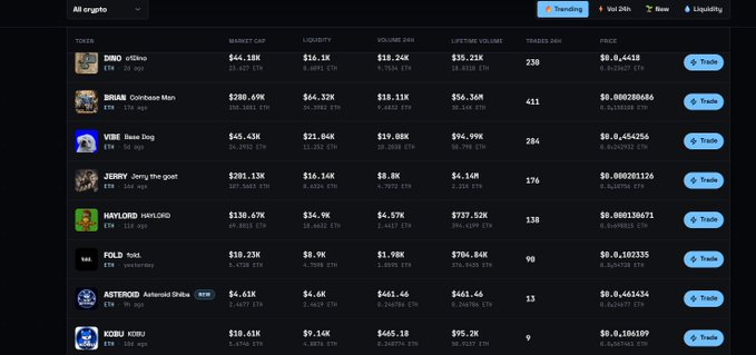 A cryptocurrency trading interface displaying a token list on the Vercel app, showing various tokens including DINO, BRUAN (Gordbae Man), VIBE (Beau Dog), JERMY (jerry the goat), HAYLORD, FOLD, ASTEROID, and KORU along with market cap, liquidity, volume, and price metrics.