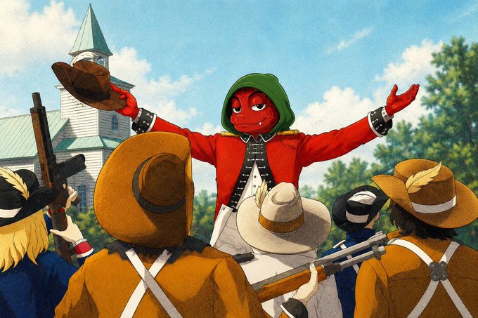 An animated scene featuring a red-skinned character in a green hood and red jacket raising his arms, surrounded by a crowd of people in cowboy hats holding rifles, with a church in the background.