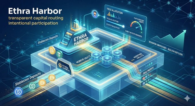 A futuristic 3D digital illustration promotes 'Ethra Harbor — transparent capital routing, intentional participation' with glowing blue data panels and stablecoin deposit flows.