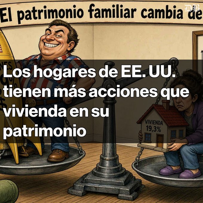 An illustration showing a man on one side of a scale with a rocket and money, and a woman holding a house labeled 'VIVIENDA 19,3%' on the other, overlaid with Spanish text 'Los hogares de EE. UU. tienen más acciones que vivienda en su patrimonio'.
