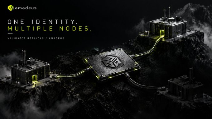 A dark, moody promotional graphic for 'amadeus' features the tagline 'ONE IDENTITY. MULTIPLE NODES' alongside an image of industrial facilities connected by yellow cables on rocky peaks.