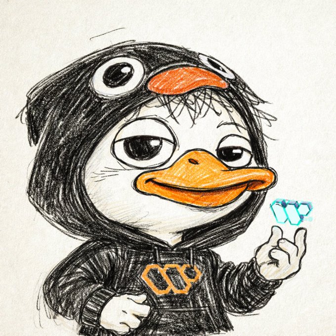 The image features a cartoon drawing of a penguin wearing a hoodie with the number "3" on it. The penguin appears to be holding up a blue diamond or a small crystal, possibly a piece of jewelry. The background of the image is white and has a slight blur effect, making the penguin stand out more prominently.