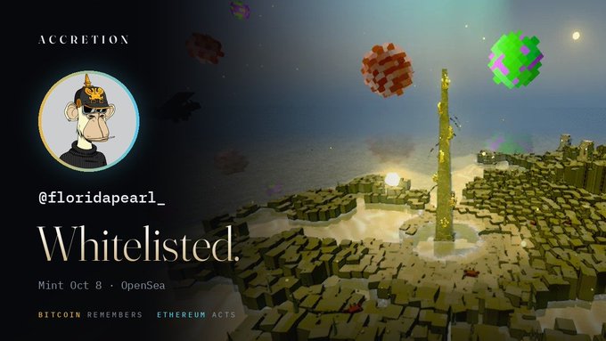 An NFT promotional banner for 'Accretion' by @floridapearl_, displaying a Bored Ape NFT with text 'Whitelisted. Mint Oct 8 · OpenSea' against an underwater pixelated landscape.