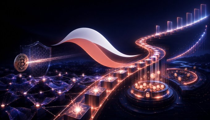 A digital artwork showing a glowing, futuristic landscape with blockchain and cryptocurrency themes, featuring a Bitcoin logo on a shield and a large ribbon-like banner.