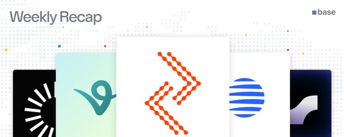 A "Weekly Recap" graphic from "base" features the logos of various cryptocurrency or blockchain projects, including Solana, Vigor, and a few others.