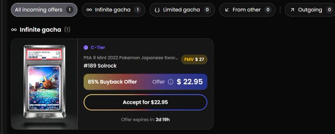 A screenshot of a card trading interface showing a buyback offer of $22.95 for a PSA 9 Mint 2022 Pokémon Japanese Sword #189 Solrock card.