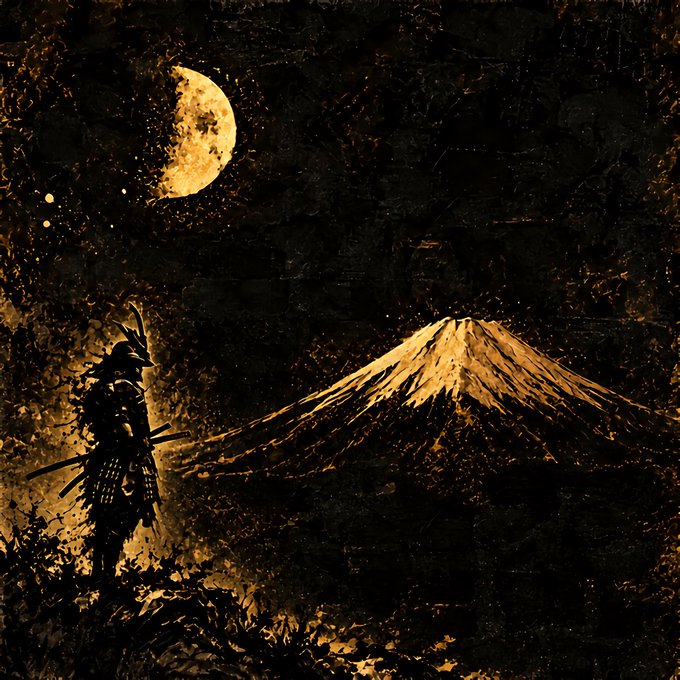 A dark, textured illustration depicts a samurai standing before Mount Fuji under a crescent moon, rendered in black and gold tones.