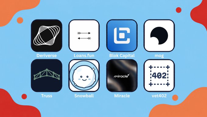 A grid of eight app icons featuring projects Deriverse, Loans.fun, Blok Capital, mog, Truss, Snowball, Miracle, and vet402 against an orange and red border design.