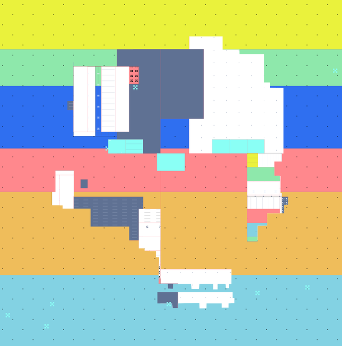 An abstract digital artwork composed of horizontal color bands (yellow, green, blue, red, tan, light blue) overlaid with various rectangular shapes, patterns, and small cross marks.
