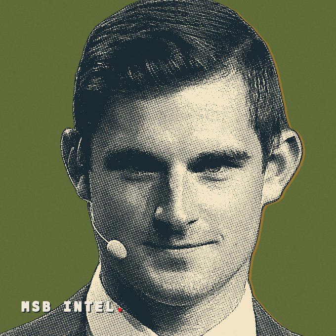 Stylized halftone portrait of a man with a headset microphone on an olive green background, with "HSB INTEL" text in the bottom left corner.