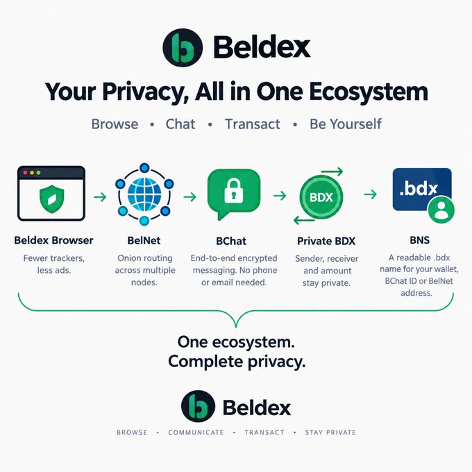 A promotional graphic for 'Beldex' titled 'Your Privacy, All in One Ecosystem' showing the Beldex Browser, BelNet, BChat, Private BDX, and BNS features.