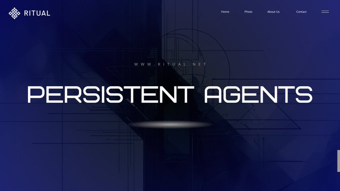 The image is a promotional banner for Ritual (www.ritual.net) featuring the headline "PERSISTENT AGENTS" against a dark blue geometric background with the Ritual logo and navigation menu visible. The bold "PERSISTENT AGENTS" text directly reinforces the post's theme about Ritual's focus on building AI agents capable of continuous autonomous operation, aligning with the company's evolution from simply running AI models onchain toward persistent, self-sustaining agent infrastructure.