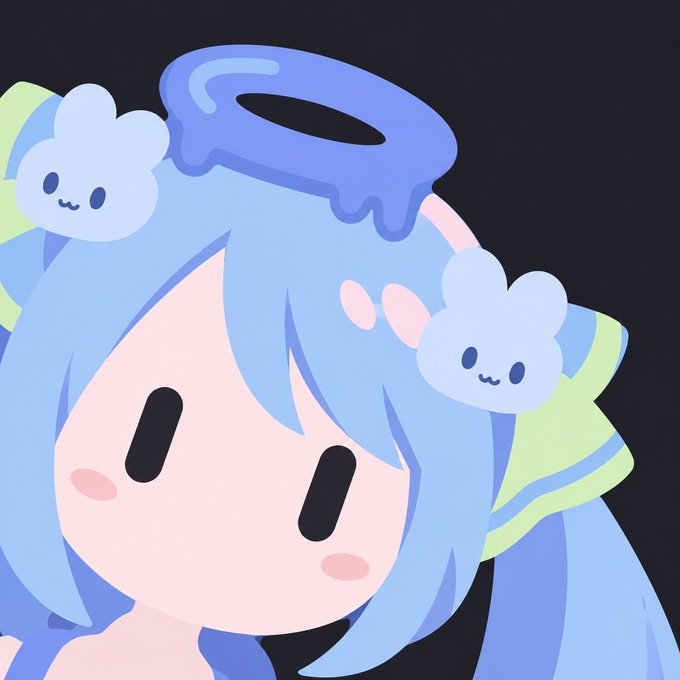 A blue-haired anime-style character with cloud hair accessories and a donut-shaped ring on her head looks toward the viewer against a dark background. The image accompanies a cheerful "GMGM" greeting post, matching the cute, cozy aesthetic with the chibi-style emoticons in the text.
