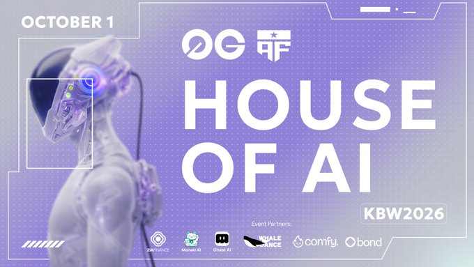 A promotional graphic for an event displays 'OCTOBER 1', logos for 'OC' and 'AF', 'HOUSE OF AI', and 'KBW2026', alongside an image of a white humanoid robot head and sponsor logos including 'Zo Computer', 'MongoDB AI', 'Ghost AI', 'Whale Dance', 'comfy', and 'bond'.