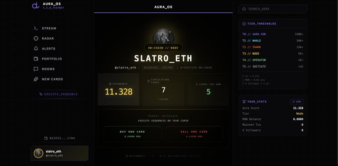 The image shows the Aura Live app's dashboard, which displays various information about a user's account including its status, current balances, transactions, and historical activity logs. It also features a list of recent transactions, notifications for changes or new messages from @monad_xyz, and active gated rooms where users can interact with others on the app. The app is designed to provide a live, social experience for users to engage with each other and monitor their activities in real-time.