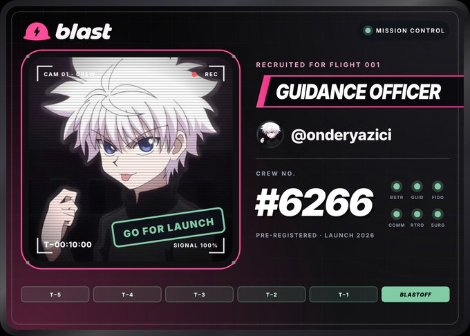 A digital mission control card for 'blast' showing an anime character recruited as a Guidance Officer for Flight 001, Crew No. #6266, with a 'GO FOR LAUNCH' stamp.