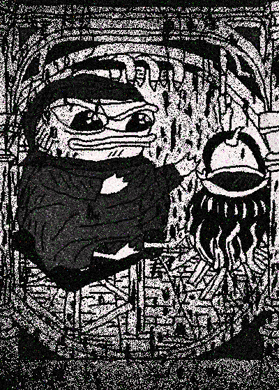A grainy black-and-white illustration of a stylized anthropomorphic frog or reptilian figure wearing a hooded cloak, holding a bell, framed within an archway. The caption "GM, FRENS" (good morning, friends) suggests this is a casual crypto or NFT community greeting, with the quirky character serving as a distinctive avatar or mascot for the group.