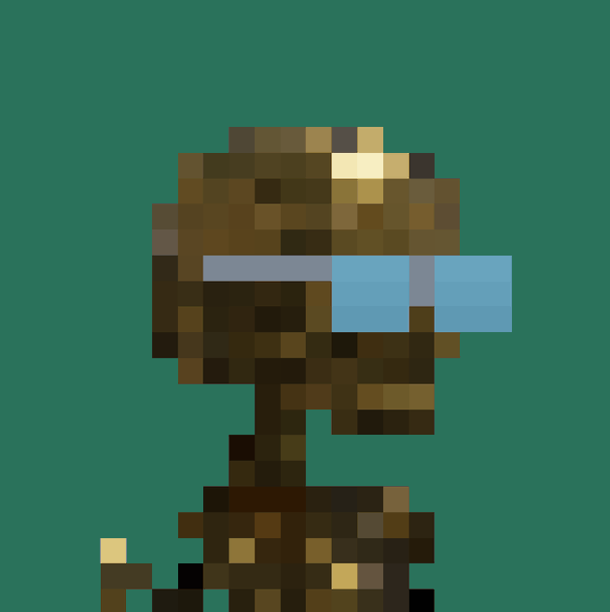 A pixel art character with brown earth-toned coloring, a blue band across the eyes, and yellow glowing eyes set against a dark teal background. The abstract, blocky figure serves as a new profile picture, matching the cryptic aesthetic referenced in the "pfp change" post.
