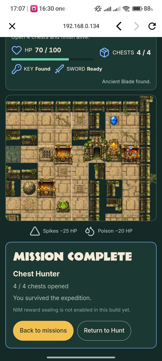 A mobile browser screenshot showing a 'Mission Complete' screen for a 'Chest Hunter' mission in what appears to be a dungeon-crawling game. The screen displays 4/4 chests opened, HP at 70/100, and an 'Ancient Blade found' notification, with buttons to go 'Back to missions' or 'Return to Hunt'.