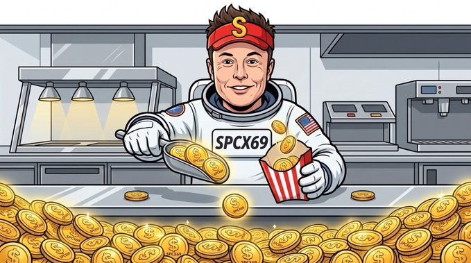 A cartoon illustration of Elon Musk in a NASA spacesuit (SPCX69) holding popcorn while scooping gold coins, set in a fast-food style kitchen with piles of dollar coins.