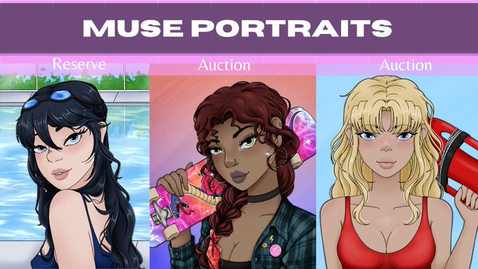 Promotional graphic titled "MUSE PORTRAITS" featuring three anime-style female characters labeled "Reserve" (Qin), "Auction" (Vivian), and "Auction" (Casey), showcasing a summer collection of digital art NFTs available for purchase via WETH offers.