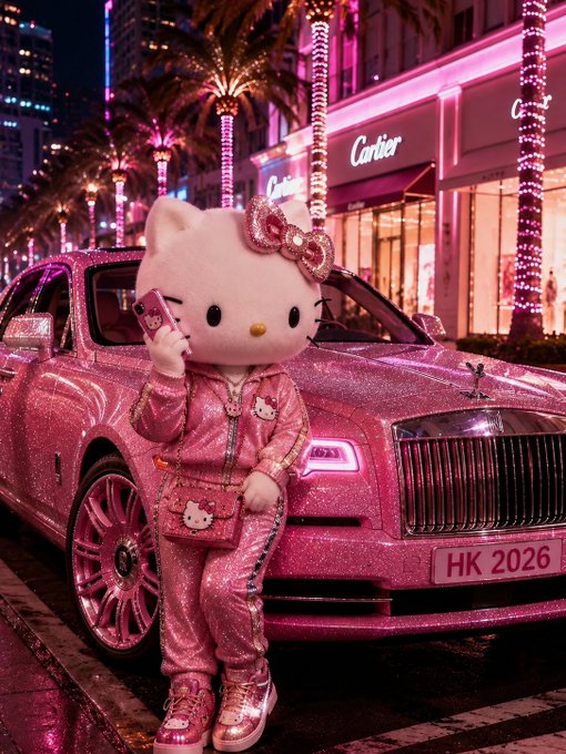 A vibrant pink-themed image featuring a Hello Kitty mascot in a sparkly pink outfit holding a phone, standing in front of a glittery pink Rolls-Royce with license plate 'HK 2026', with a Cartier storefront and palm trees in the background.
