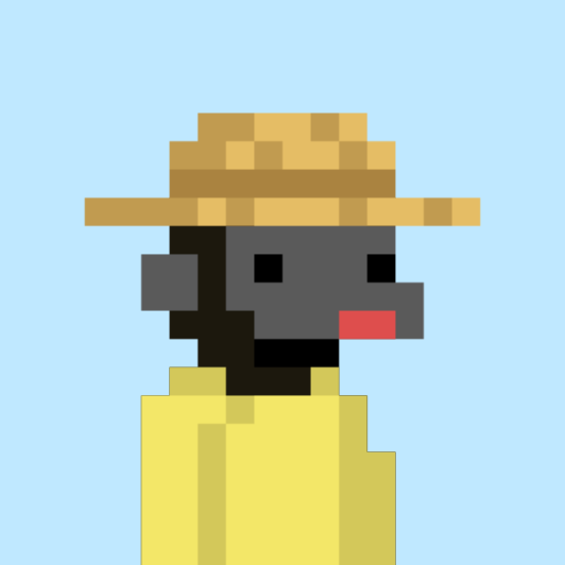 A simple pixel art portrait shows a character with dark gray skin and a red mouth, wearing a tan wide-brimmed straw hat and a yellow shirt against a light blue background.