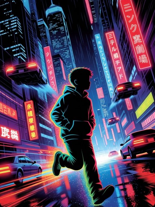 An anime-style illustration of a person running through a vibrant, neon-lit cyberpunk cityscape with flying cars and Japanese signage.
