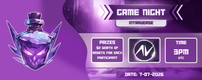 Promotional banner for 'GAME NIGHT' in Intraverse featuring a glowing purple potion bottle, with details indicating $2 worth of asset prizes per participant, scheduled for 3PM UTC on 7-07-2026.