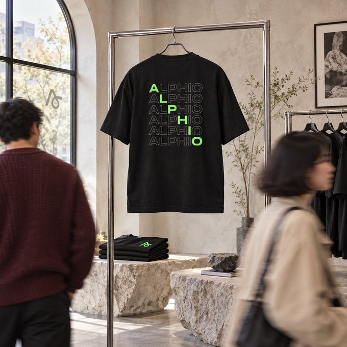 A black t-shirt displaying the word 'ALPHIO' stacked six times in green and white lettering hangs on a metal rack in a modern store setting.