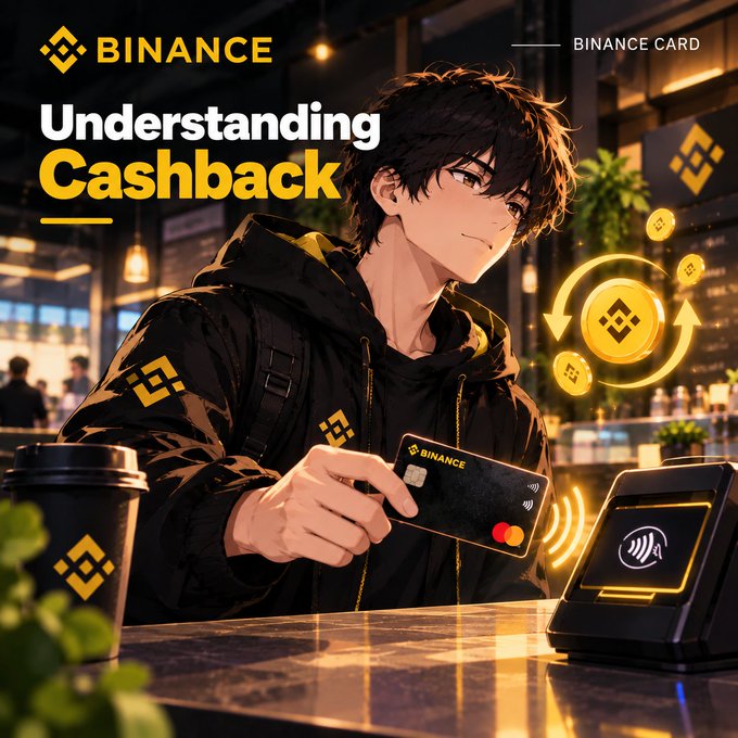 An anime-style promotional graphic for 'BINANCE' titled 'Understanding Cashback,' showing a dark-haired character in a black hoodie holding a Binance card at a counter with a payment terminal and glowing BNB coins.