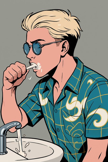 A comic-style illustration of a blonde man with sunglasses brushing his teeth at a sink, wearing a teal patterned shirt.