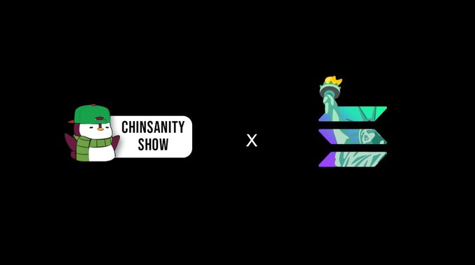 A black screen displays the 'CHINSANITY SHOW' logo featuring a penguin in a green hat next to a 'X' and the Solana cryptocurrency logo.