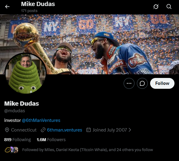 The image shows Mike Dudas's (@mdudas) Twitter/X profile, displaying 171 posts, 1.6M followers, and his bio as "investor @6thManVentures" based in Connecticut. The profile picture has been changed to a green frog/toad character, which aligns with the post's question about whether he updated his PFP to $toad.